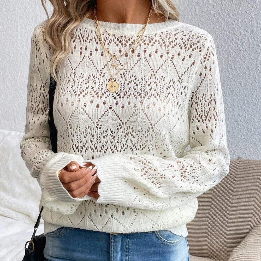 White Boho Womens Solid Pointelle Knit Sweater - Picture 4 of 5